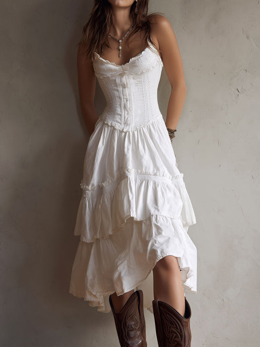Abito Midi a Balze in Stile Boho Retro con Pizzo