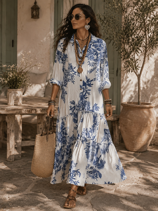 Abito Maxi Button-down Blu Floreale Bohemien