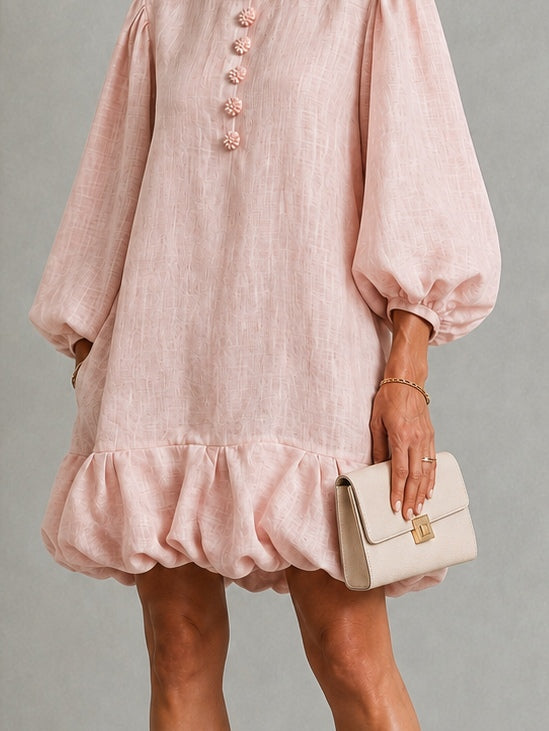 Anneliese | Abito Mini con Maniche a Palloncino e Bottoni Frontali con Orlo Ruffle