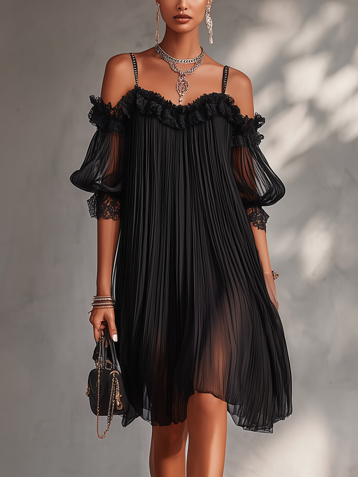 Vittoria | Abito mini nero in mussola con design off-shoulder e bordi in pizzo