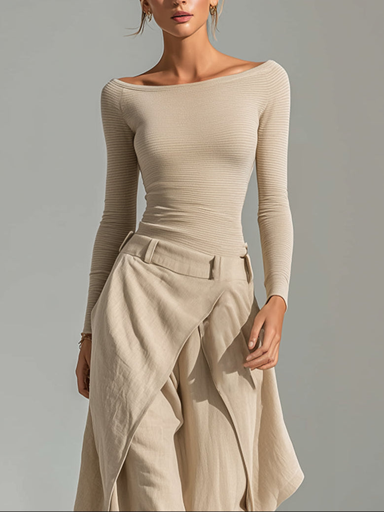 Giuliana | Completo Top Beige con Collo Barco e Pantaloni a Gamba Larga in Strati