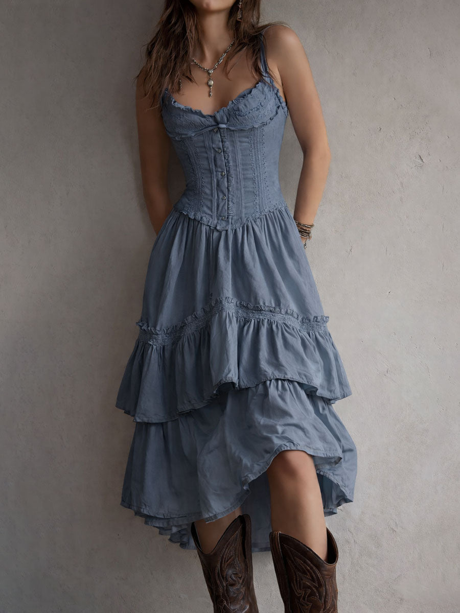 Abito Midi a Balze in Stile Boho Retro con Pizzo