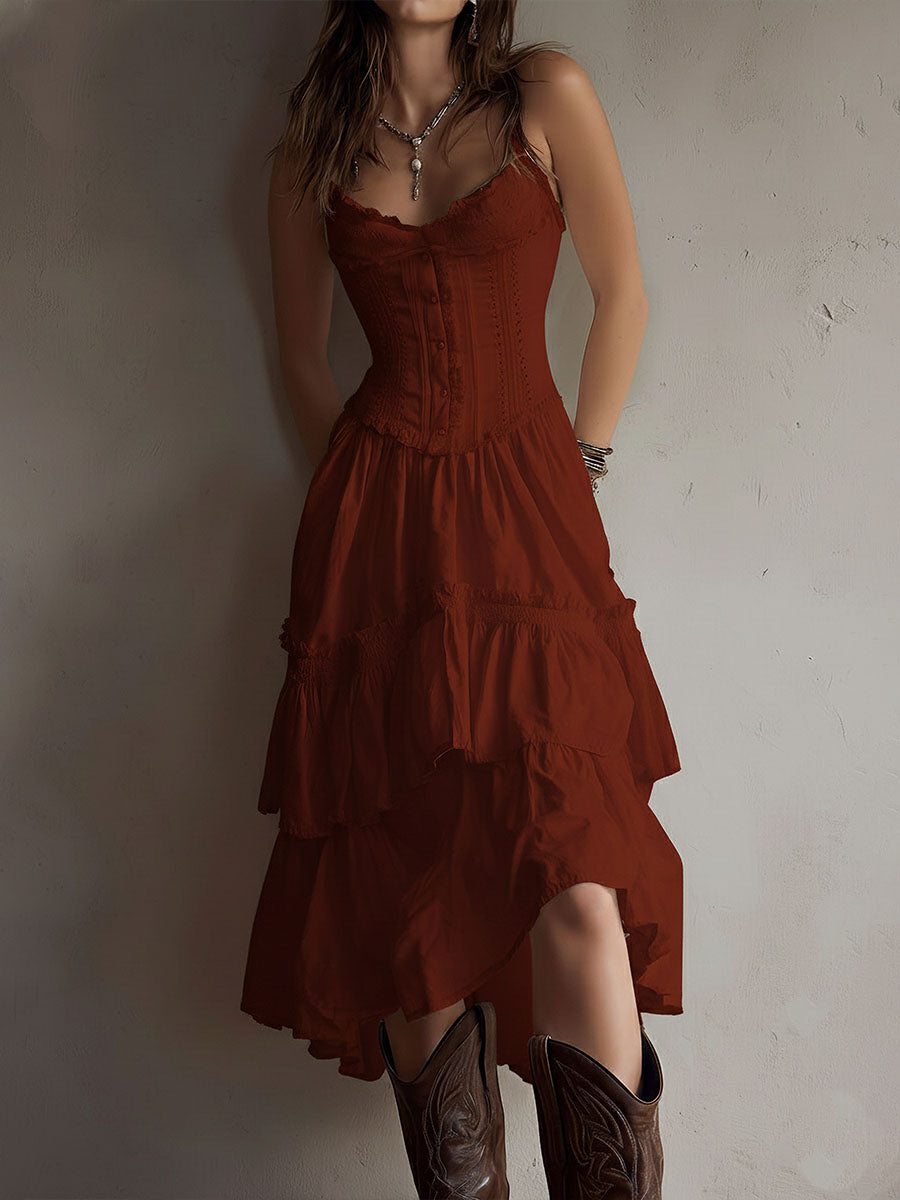 Abito Midi a Balze in Stile Boho Retro con Pizzo