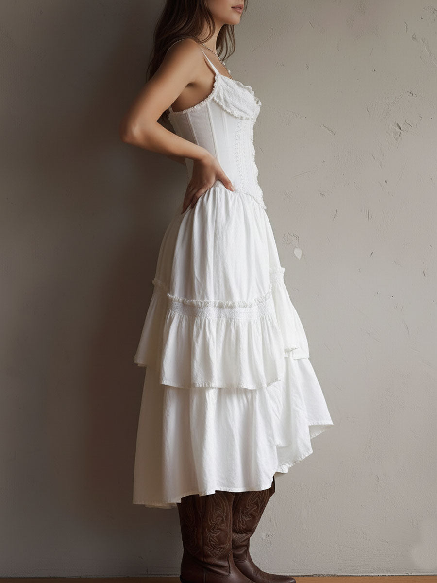 Abito Midi a Balze in Stile Boho Retro con Pizzo