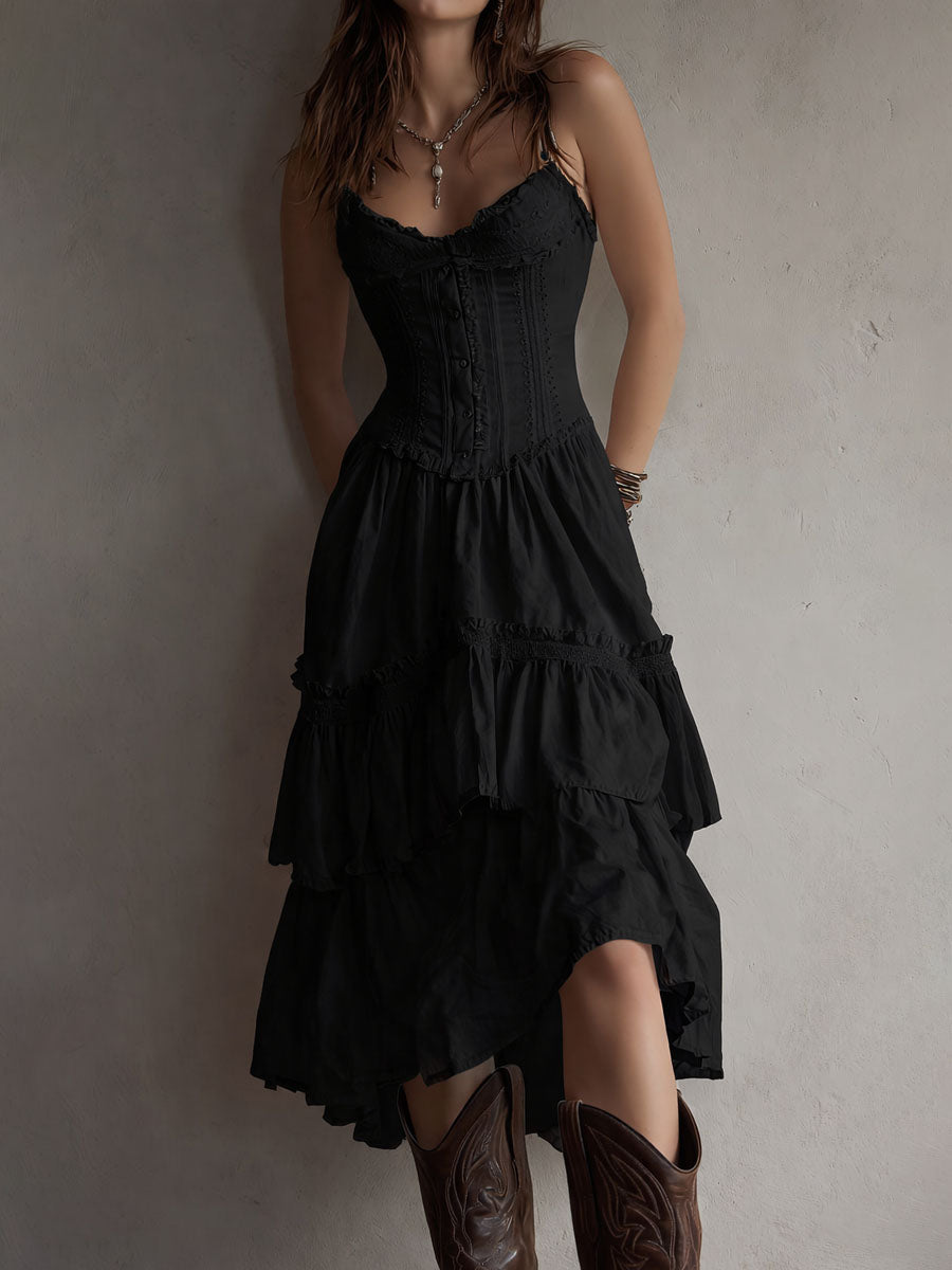 Abito Midi a Balze in Stile Boho Retro con Pizzo