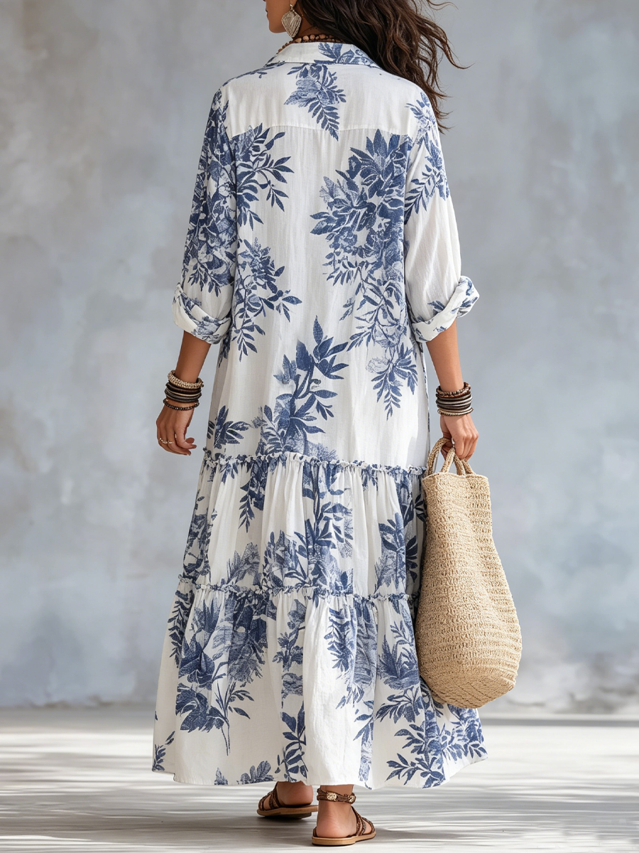 Abito Maxi Button-down Blu Floreale Bohemien