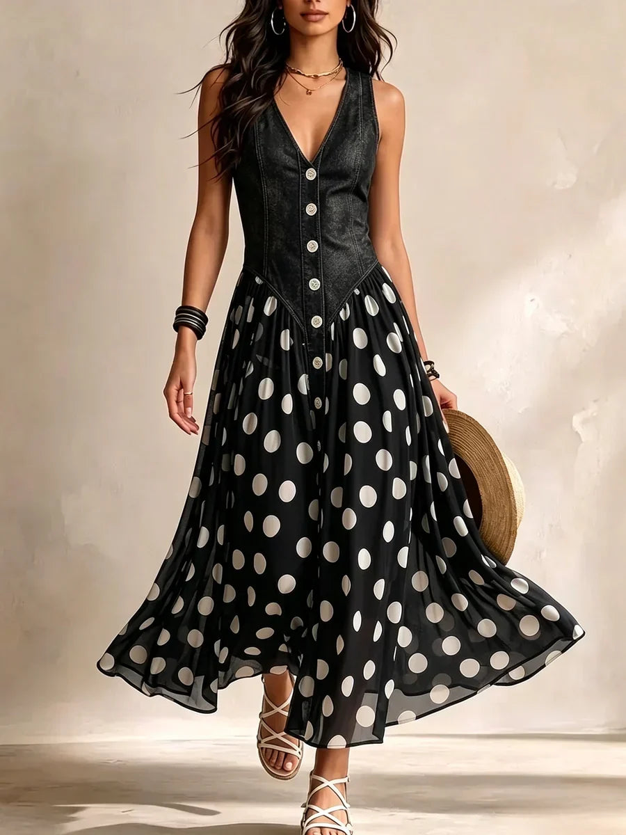 Adeline | Vestito Lungo in Denim a Pois