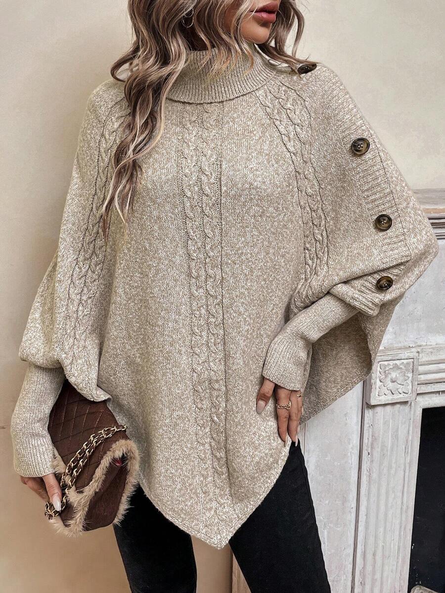 Alexis | Maglione Poncho a Collo Alto e Maniche a Pipistrello, Pullover a Treccia Asimmetrica