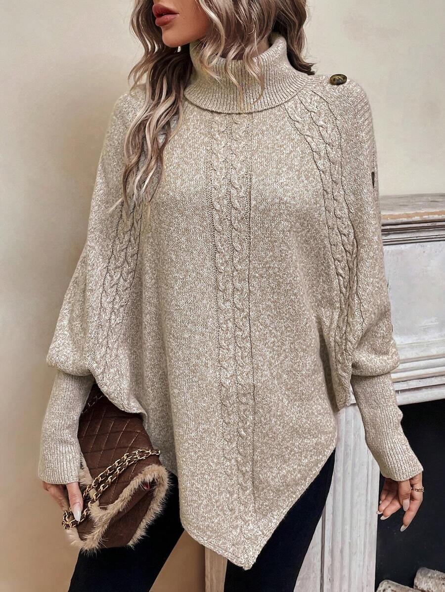 Alexis | Maglione Poncho a Collo Alto e Maniche a Pipistrello, Pullover a Treccia Asimmetrica