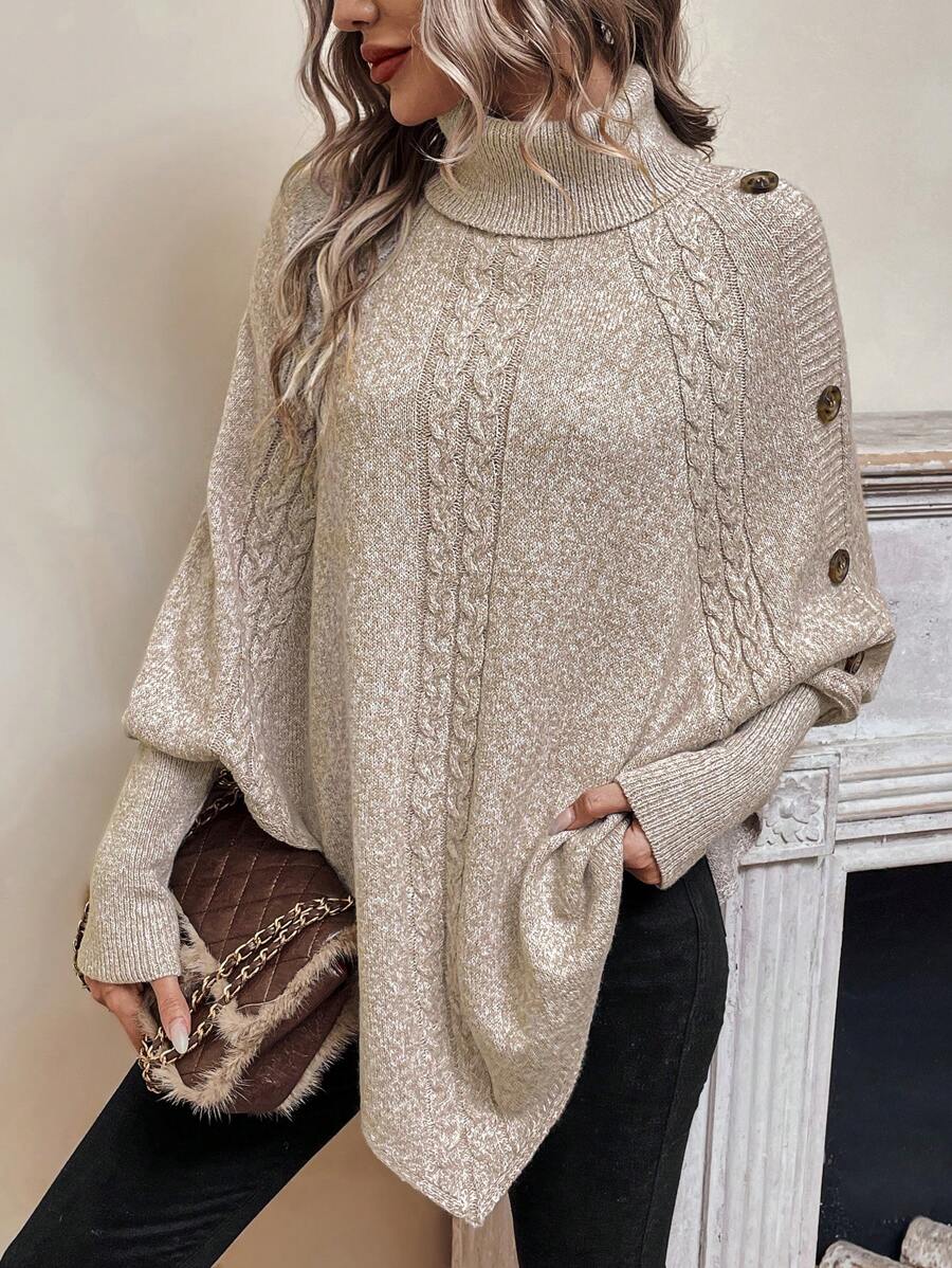 Alexis | Maglione Poncho a Collo Alto e Maniche a Pipistrello, Pullover a Treccia Asimmetrica