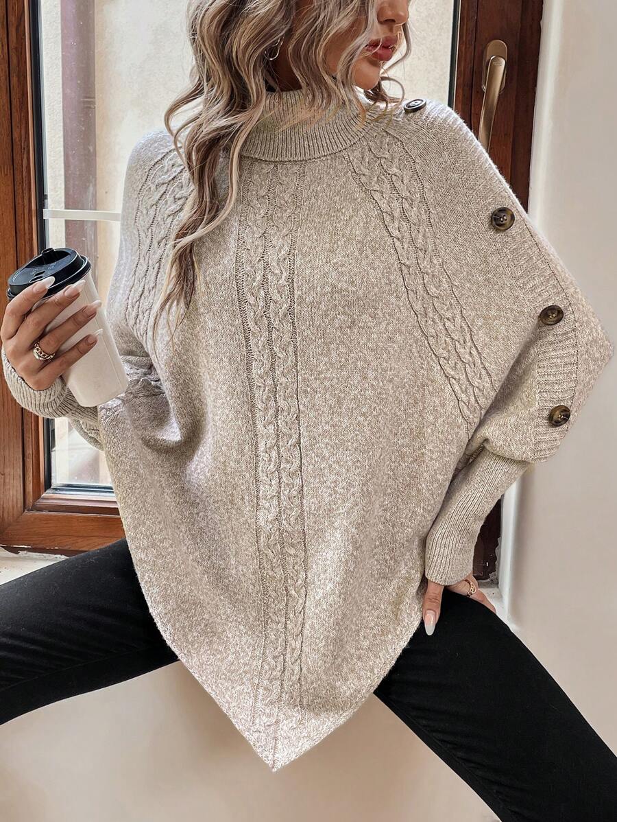 Alexis | Maglione Poncho a Collo Alto e Maniche a Pipistrello, Pullover a Treccia Asimmetrica