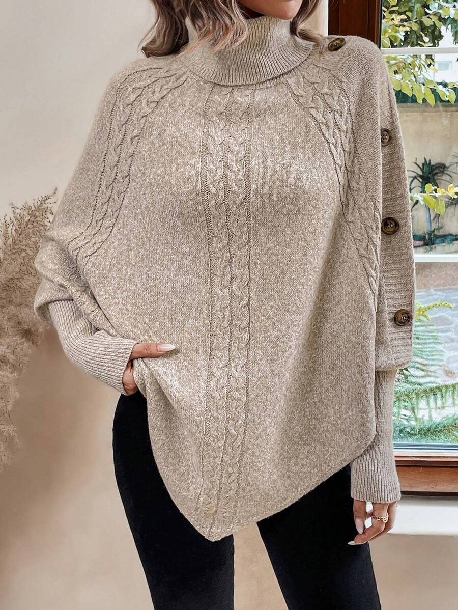 Alexis | Maglione Poncho a Collo Alto e Maniche a Pipistrello, Pullover a Treccia Asimmetrica