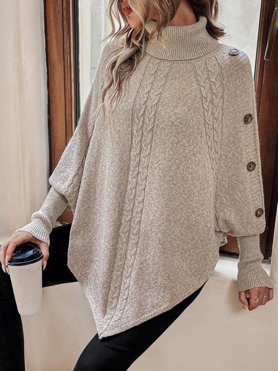 Alexis | Maglione Poncho a Collo Alto e Maniche a Pipistrello, Pullover a Treccia Asimmetrica