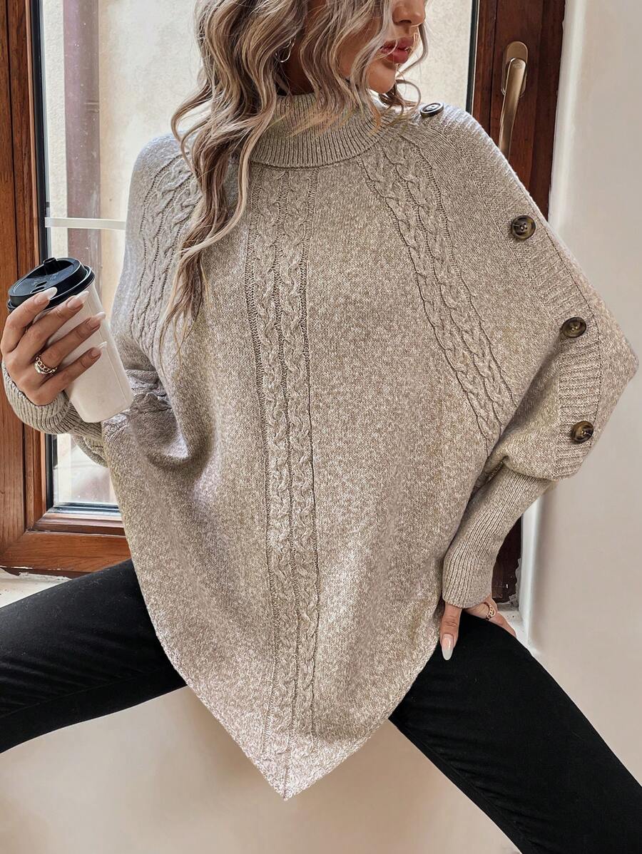 Alexis | Maglione Poncho a Collo Alto e Maniche a Pipistrello, Pullover a Treccia Asimmetrica