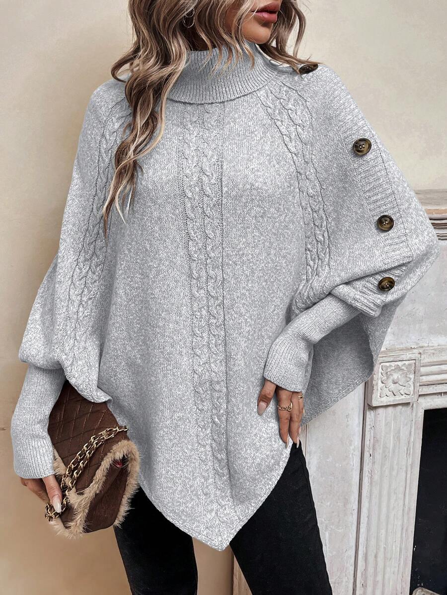 Alexis | Maglione Poncho a Collo Alto e Maniche a Pipistrello, Pullover a Treccia Asimmetrica