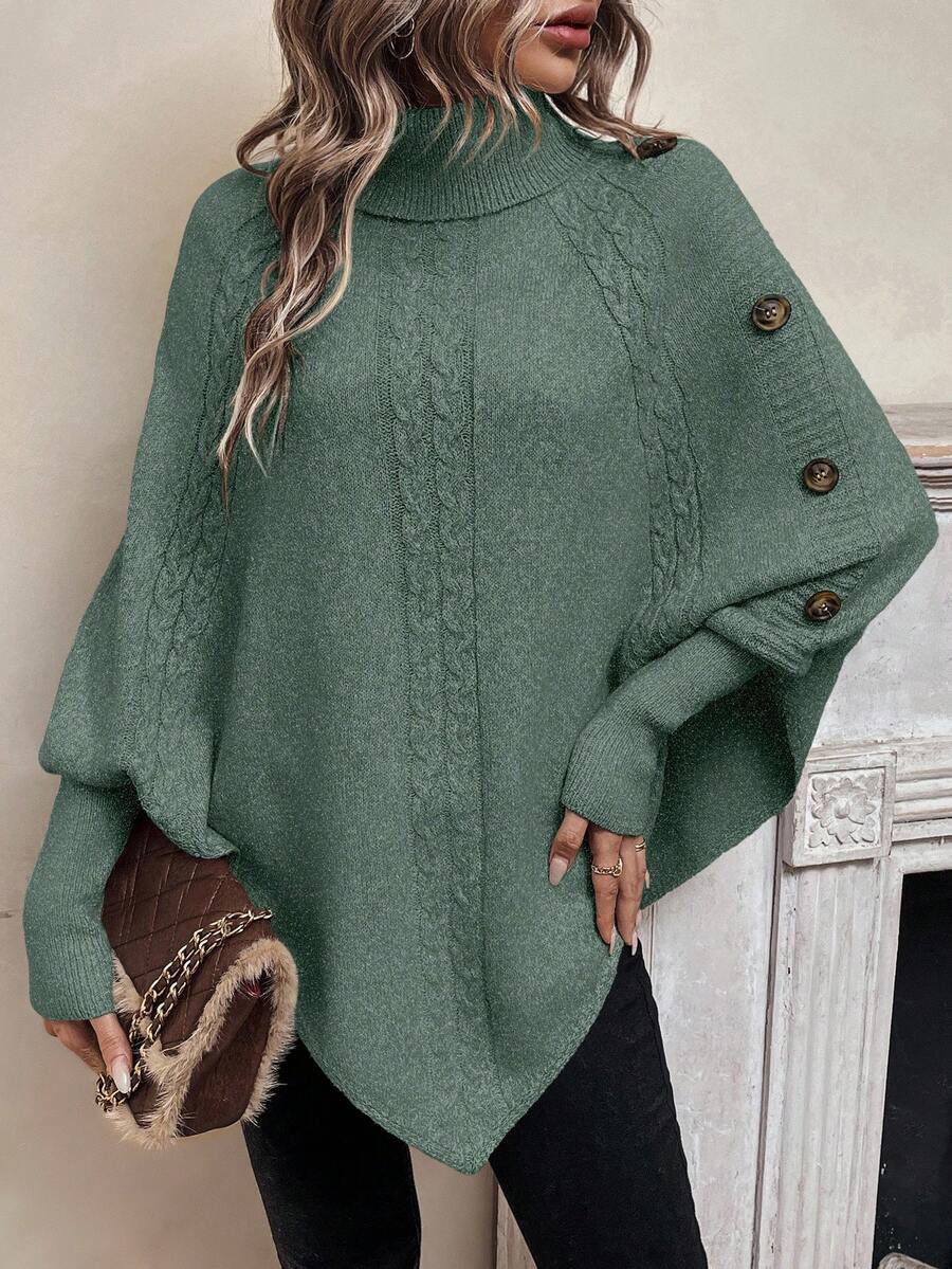 Alexis | Maglione Poncho a Collo Alto e Maniche a Pipistrello, Pullover a Treccia Asimmetrica