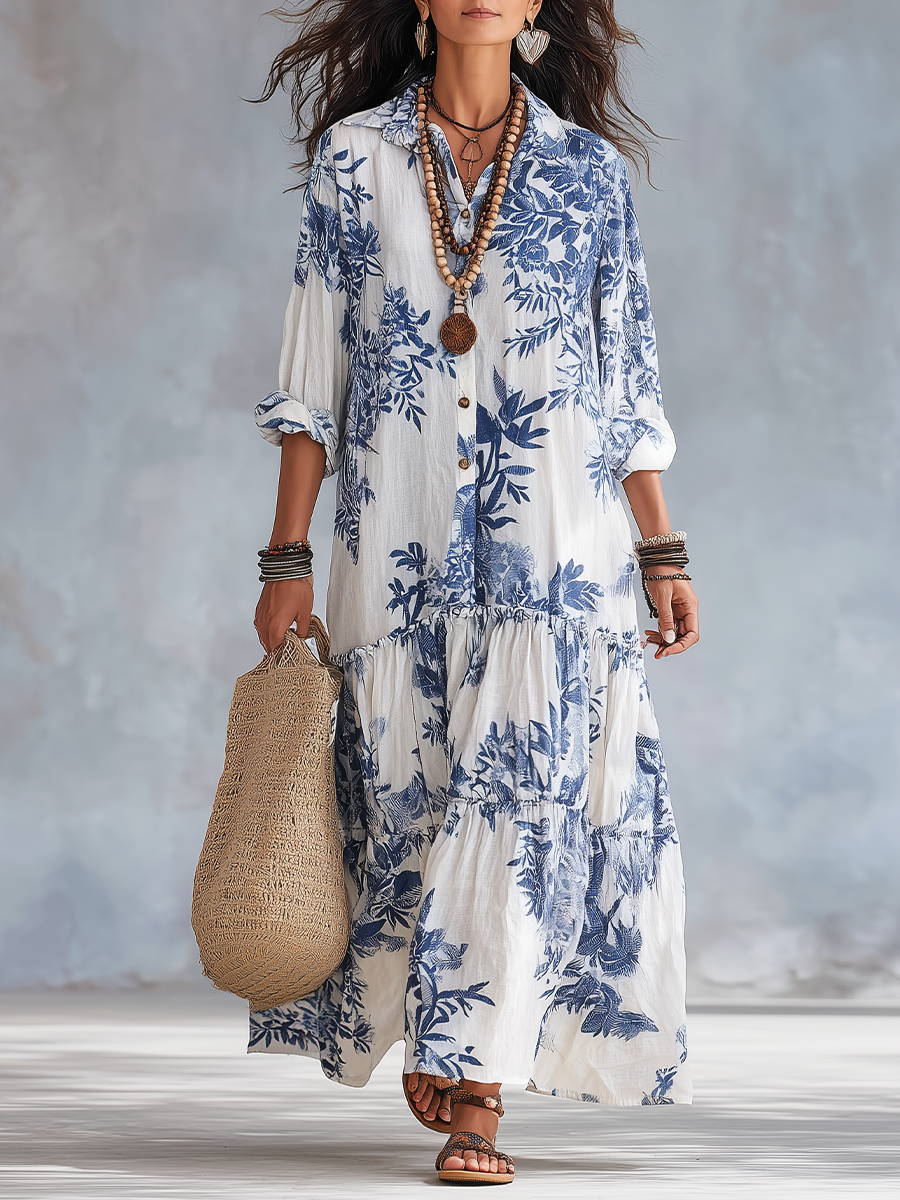 Abito Maxi Button-down Blu Floreale Bohemien