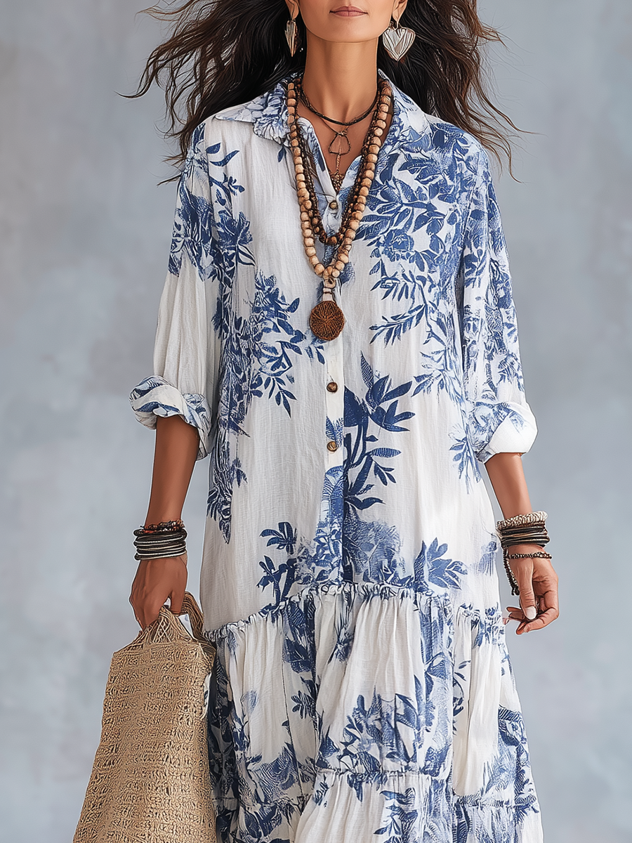 Abito Maxi Button-down Blu Floreale Bohemien