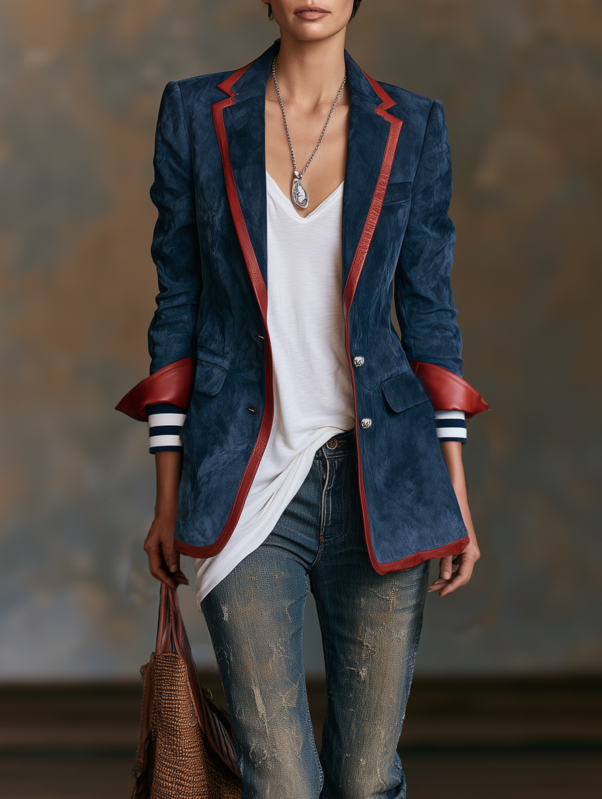 Blazer in velluto Vintage con Rifiniture in Pelle Rossa