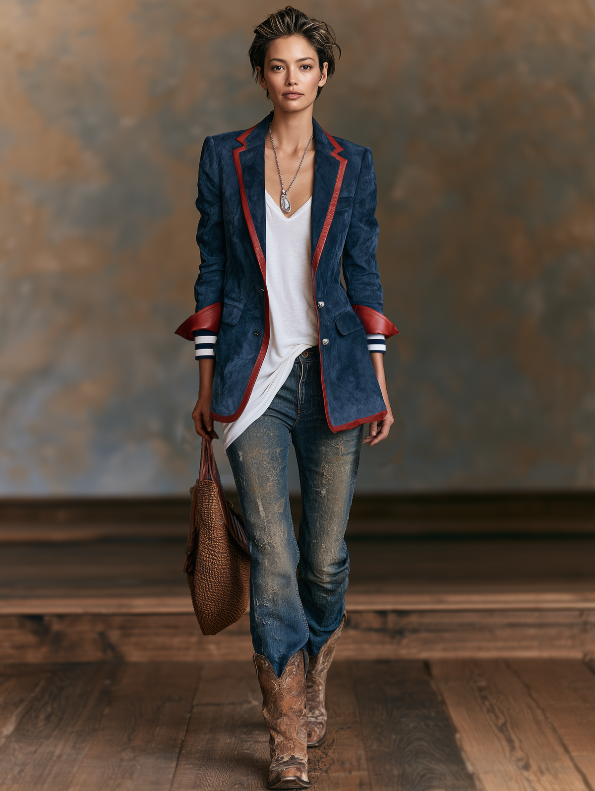 Blazer in velluto Vintage con Rifiniture in Pelle Rossa