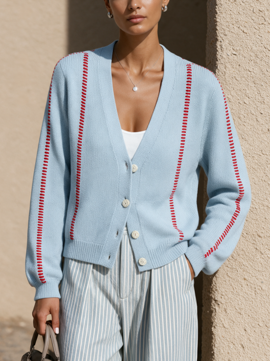 Cardigan Casual V-Neck con Cucitura a Contrasto da Donna