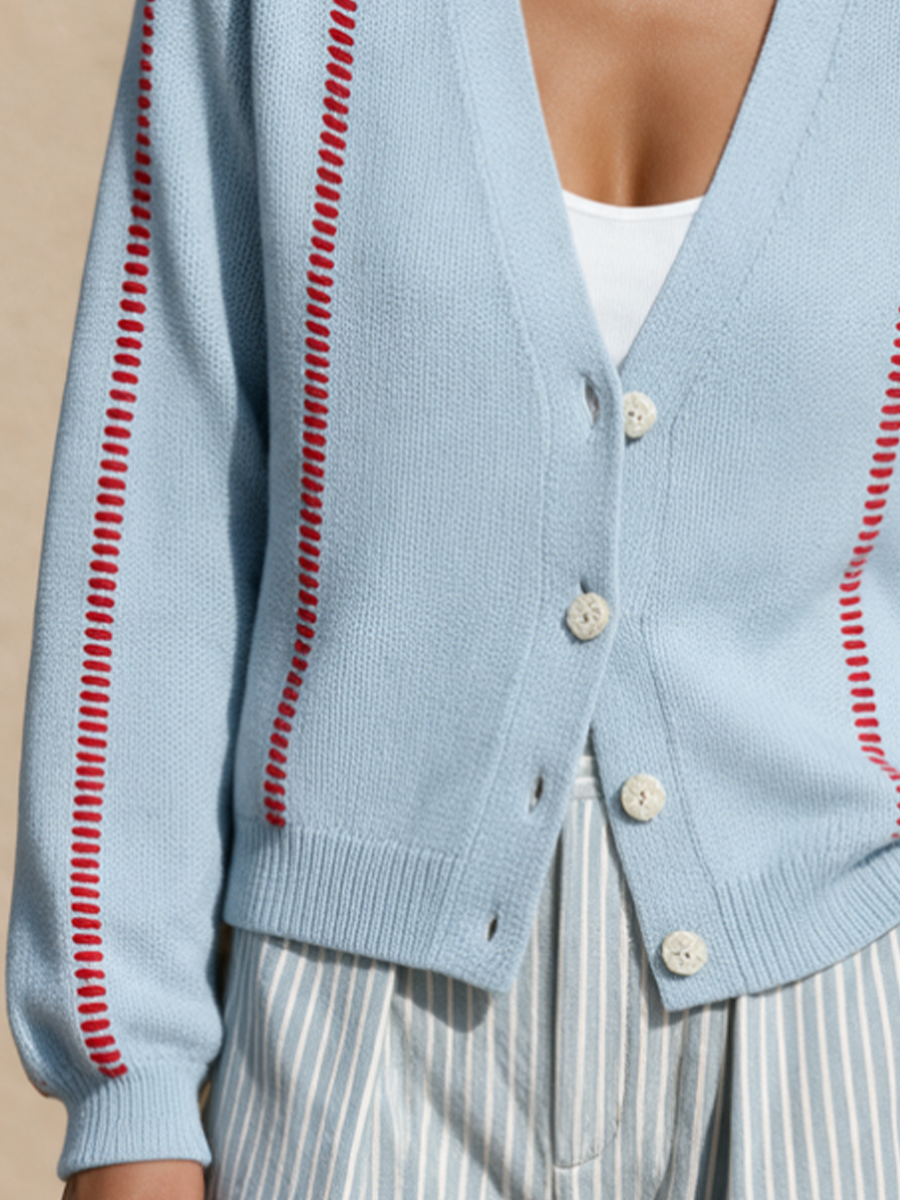 Cardigan Casual V-Neck con Cucitura a Contrasto da Donna
