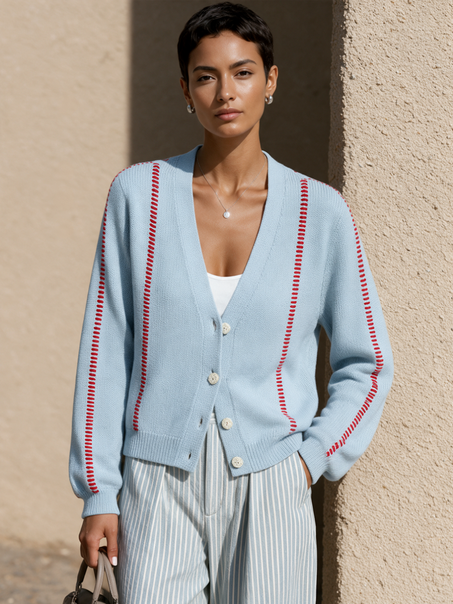 Cardigan Casual V-Neck con Cucitura a Contrasto da Donna
