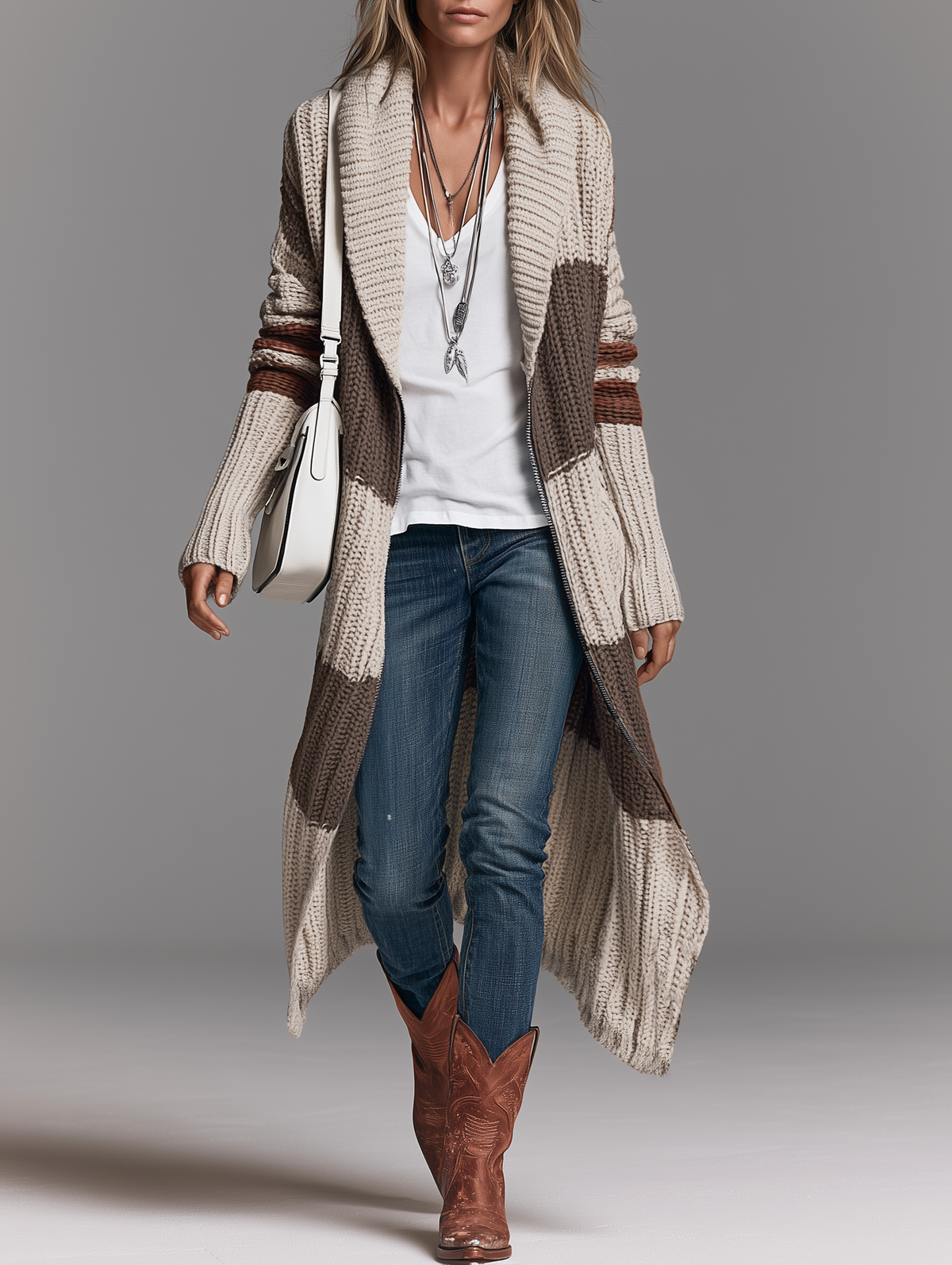 Cardigan lungo con colletto a scialle vintage da donna