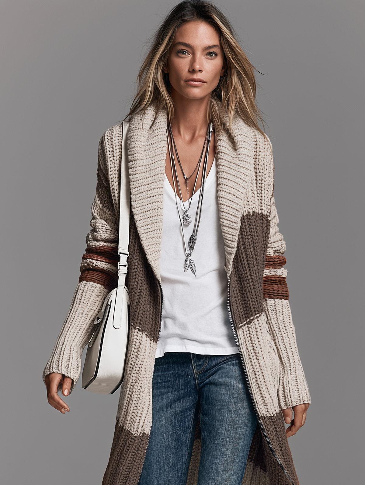 Cardigan lungo con colletto a scialle vintage da donna