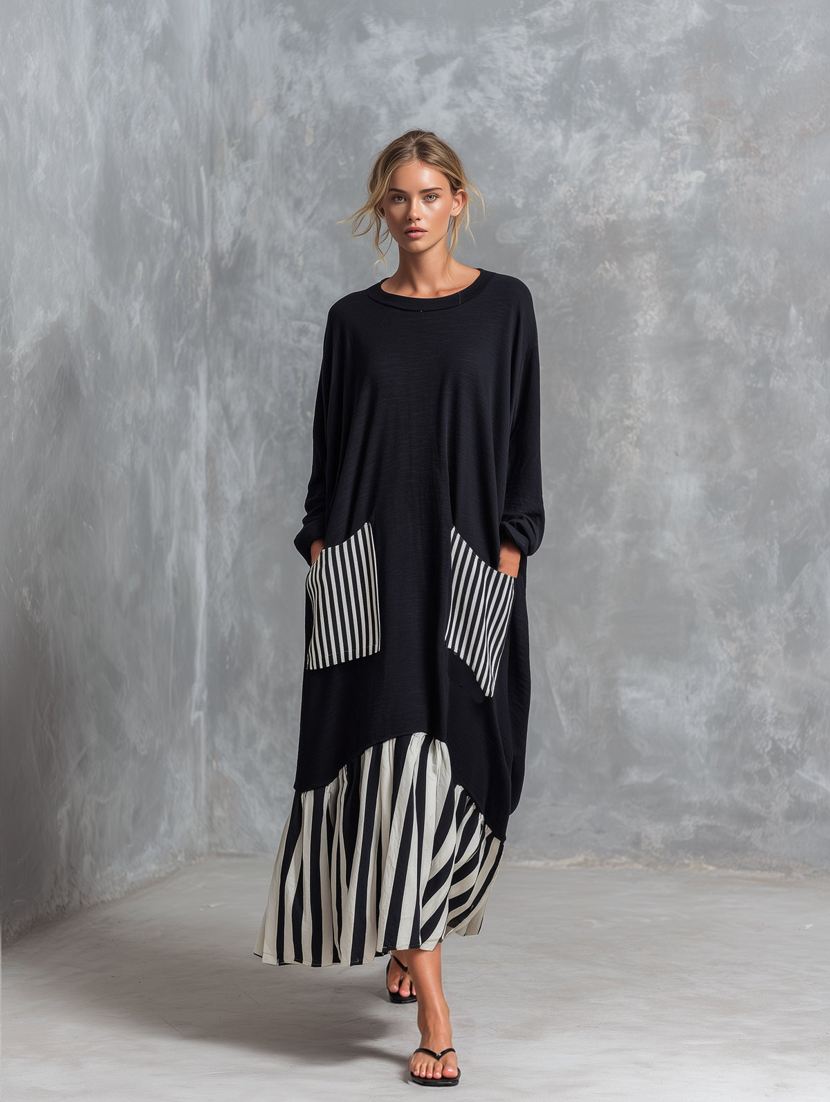 Alba | Vestito lungo oversize in cotone nero con righe stile patchwork