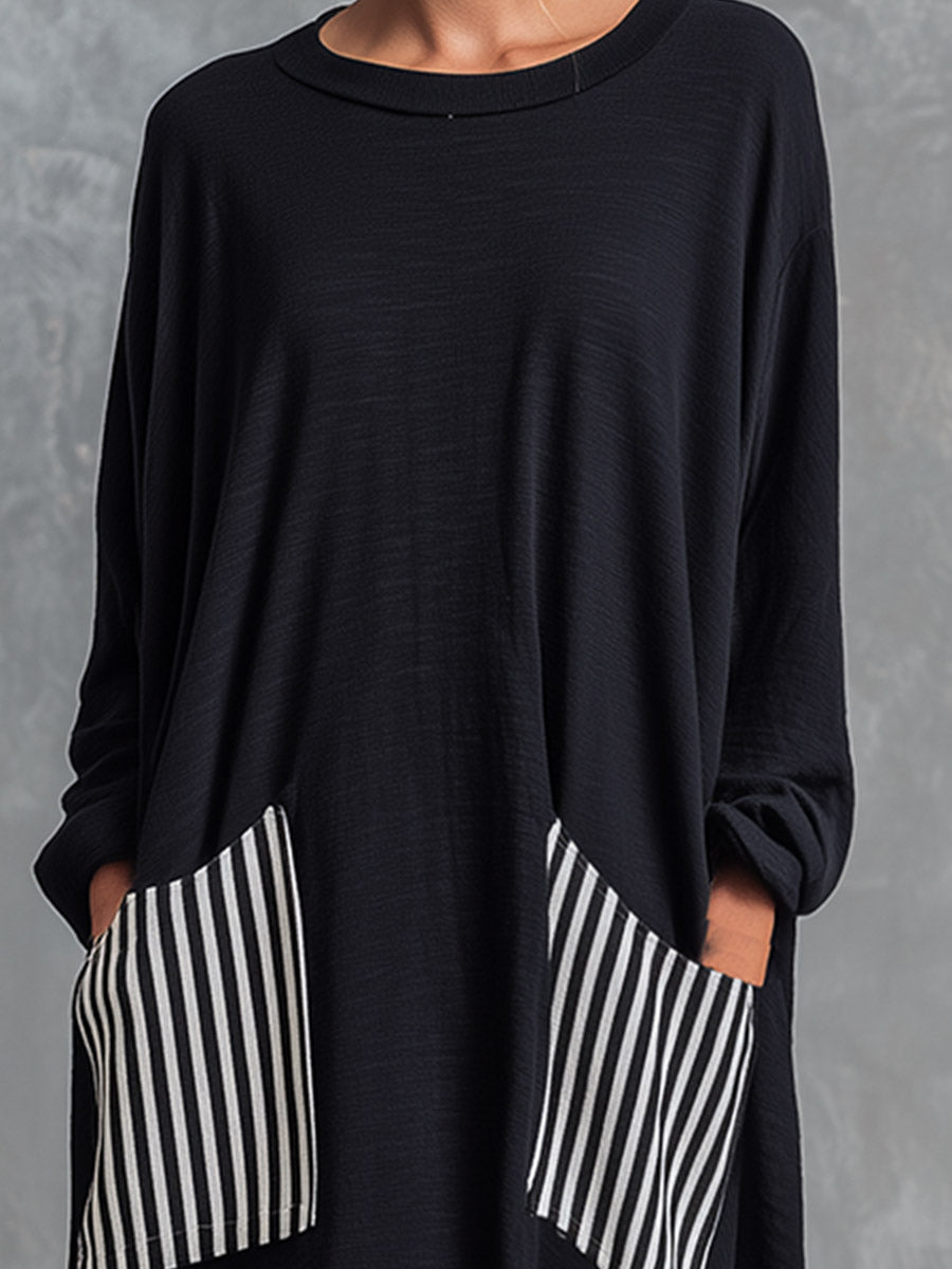 Alba | Vestito lungo oversize in cotone nero con righe stile patchwork