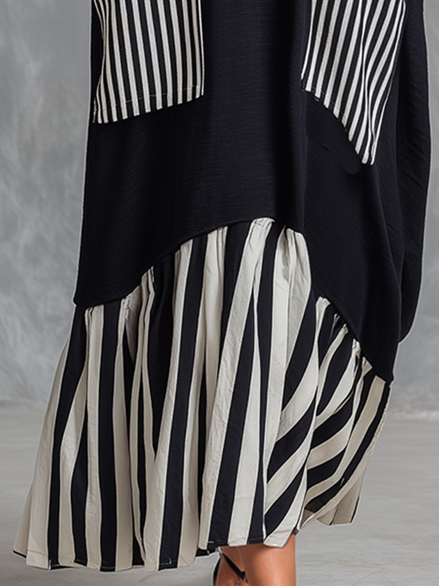 Alba | Vestito lungo oversize in cotone nero con righe stile patchwork