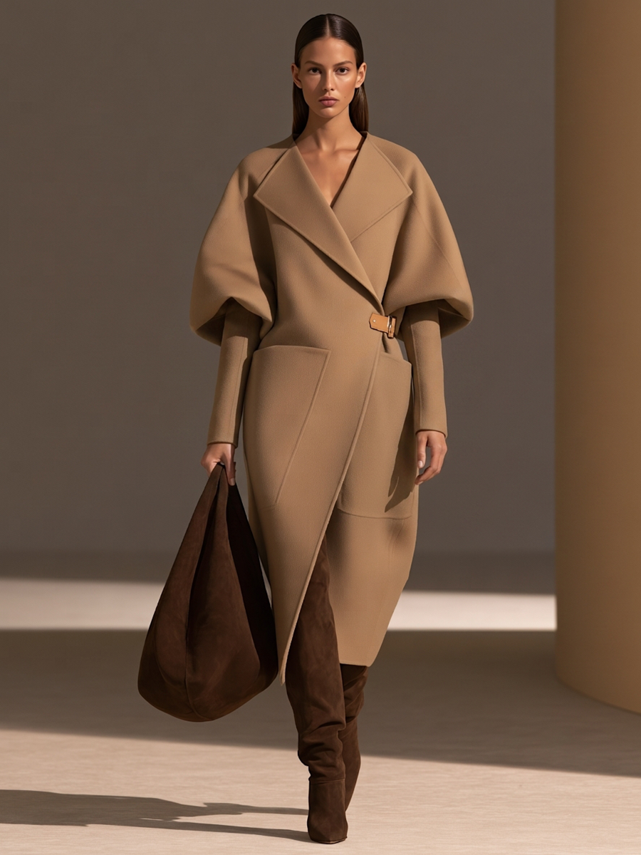 Cappotto lungo in lana con cintura in pelle, maniche a sbuffo e collo oversize per donna