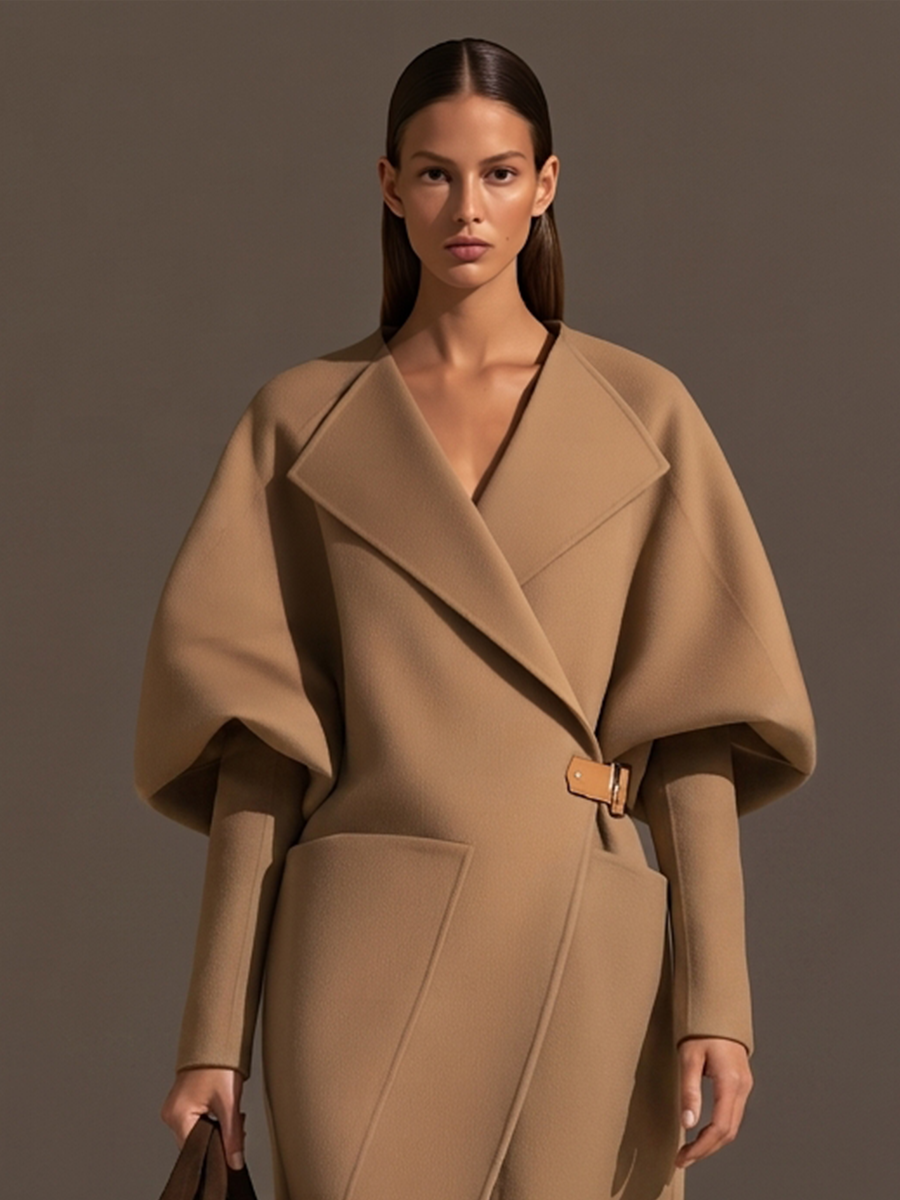 Cappotto lungo in lana con cintura in pelle, maniche a sbuffo e collo oversize per donna