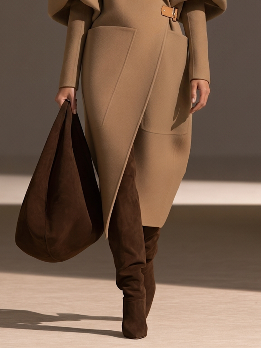 Cappotto lungo in lana con cintura in pelle, maniche a sbuffo e collo oversize per donna