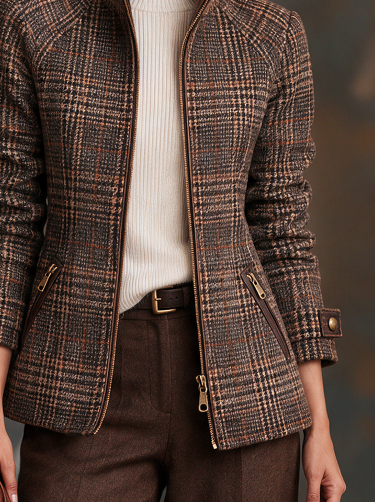 Giacca Zip-Up in Mistura di Lana a Quadri Vintage da Donna con Collo Alto