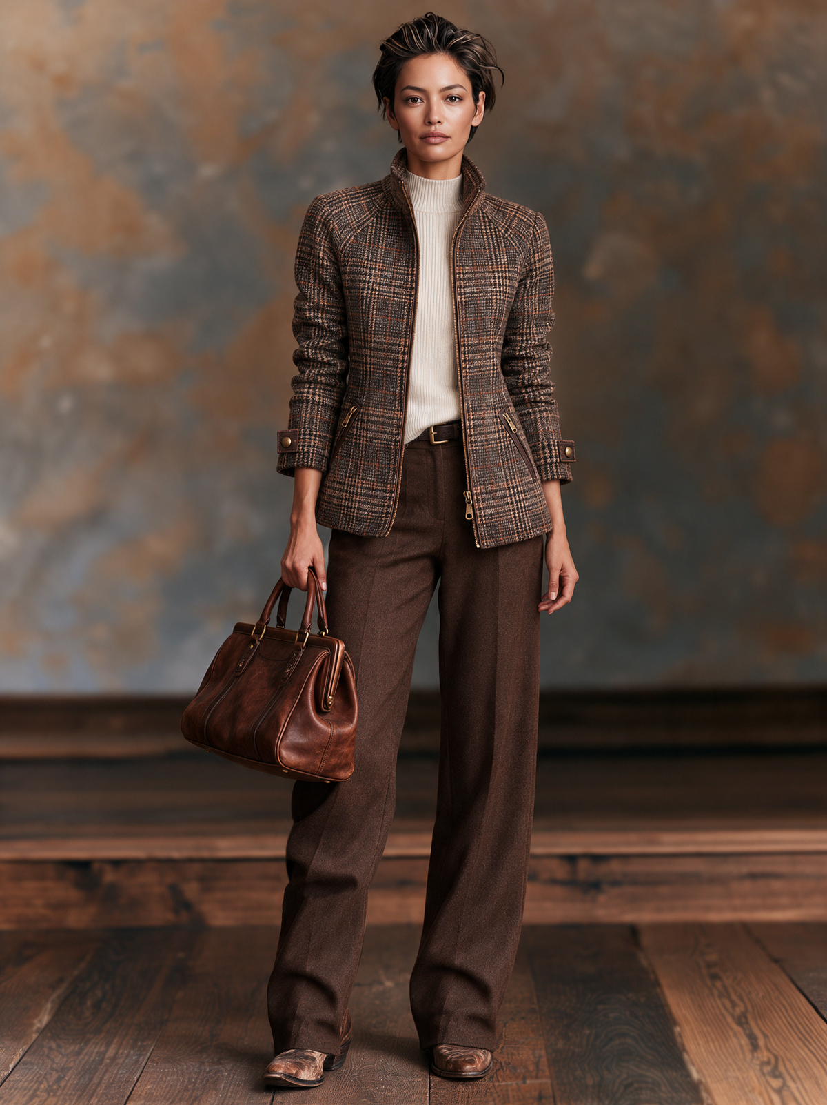Giacca Zip-Up in Mistura di Lana a Quadri Vintage da Donna con Collo Alto