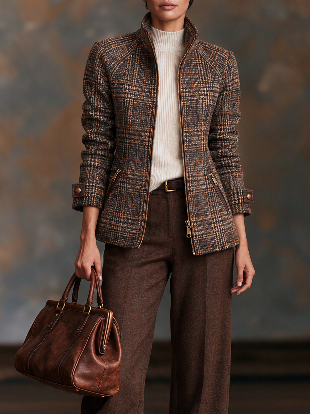 Giacca Zip-Up in Mistura di Lana a Quadri Vintage da Donna con Collo Alto