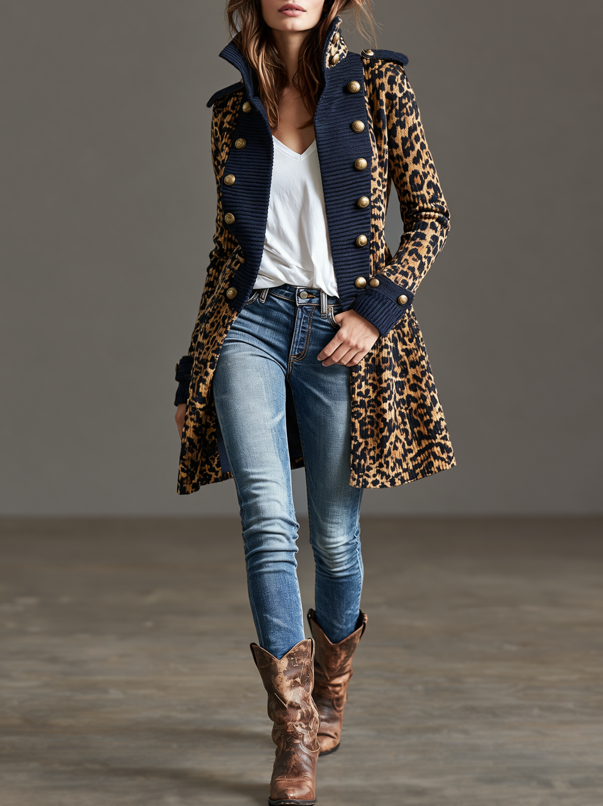 Cardigan da Donna in Stile Napoleon con Stampa Leopardo e Color-Block Vintage