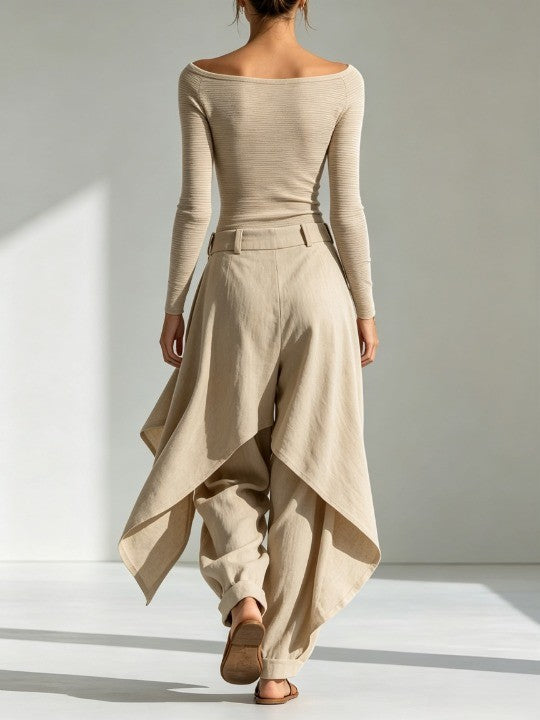 Giuliana | Completo Top Beige con Collo Barco e Pantaloni a Gamba Larga in Strati