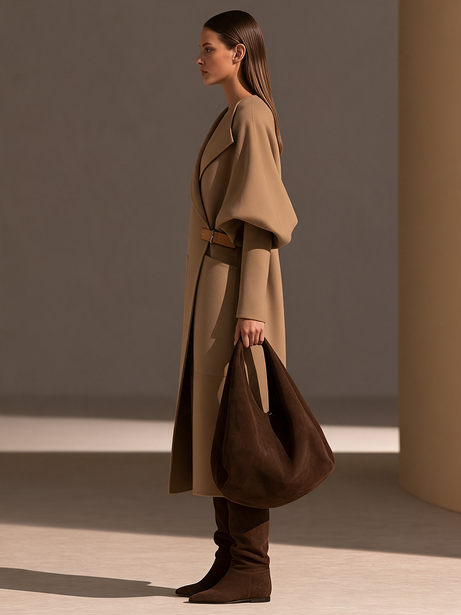 Cappotto lungo in lana con cintura in pelle, maniche a sbuffo e collo oversize per donna