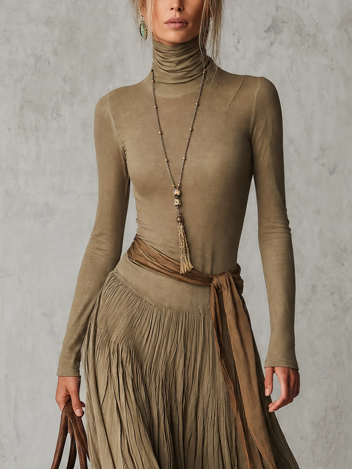 Júlia - Vestito Maxi Plissettato Elegante con Collo Alto e Maniche Lunghe con Fiocco in Vita