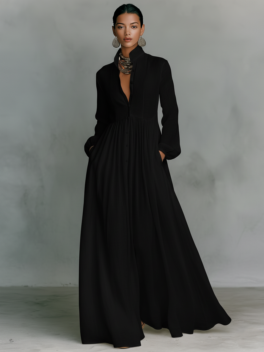 Genevieve | Maxi Dress con Collo Alto e Bottoni