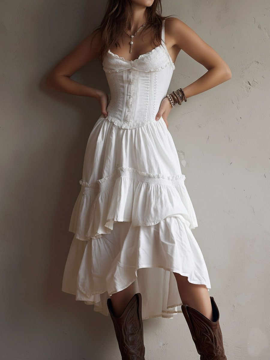 Abito Midi a Balze in Stile Boho Retro con Pizzo