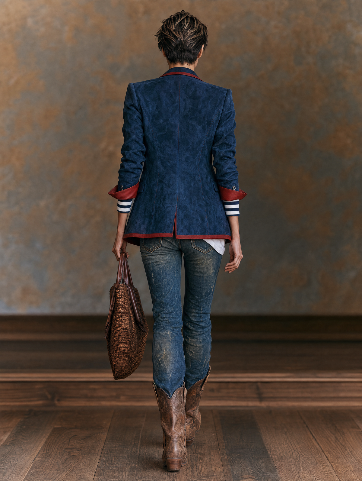 Blazer in velluto Vintage con Rifiniture in Pelle Rossa