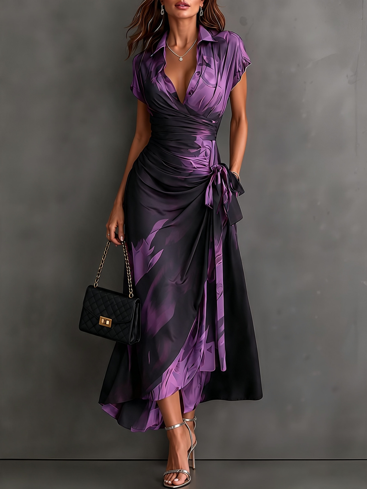 ELISA | ABITO MIDI WRAP CON STAMPA ABSTRACT VIOLA
