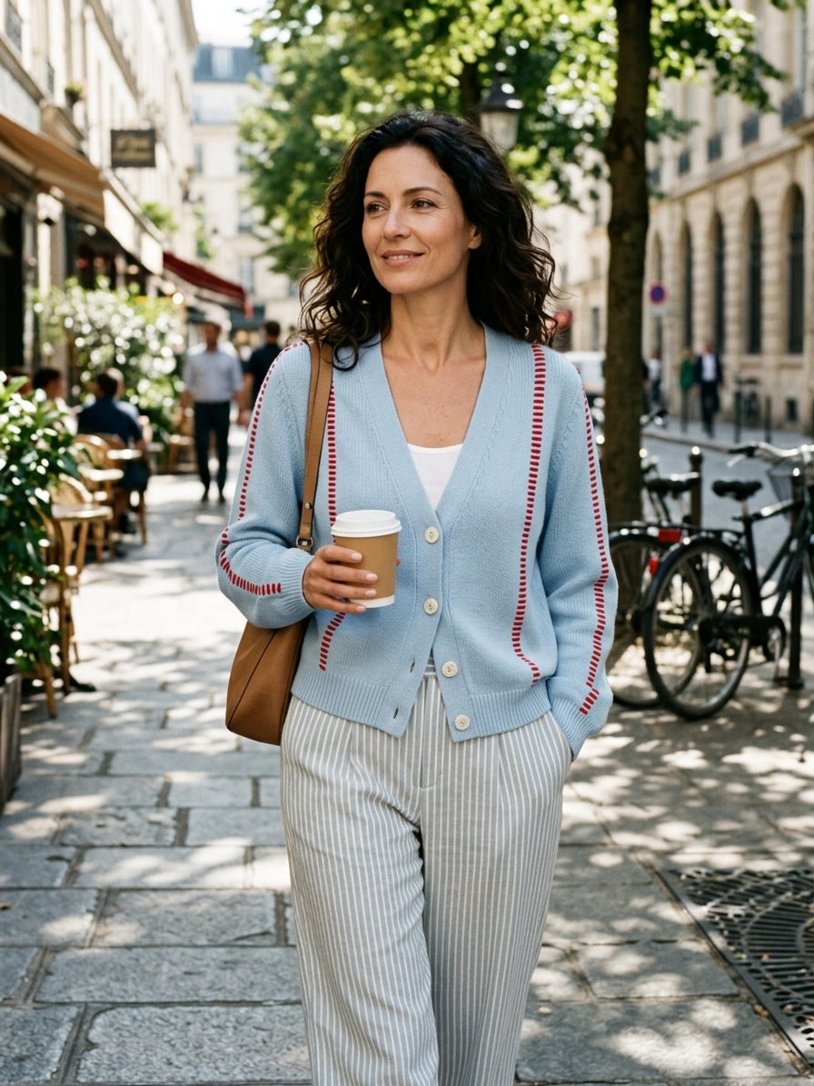 Cardigan Casual V-Neck con Cucitura a Contrasto da Donna