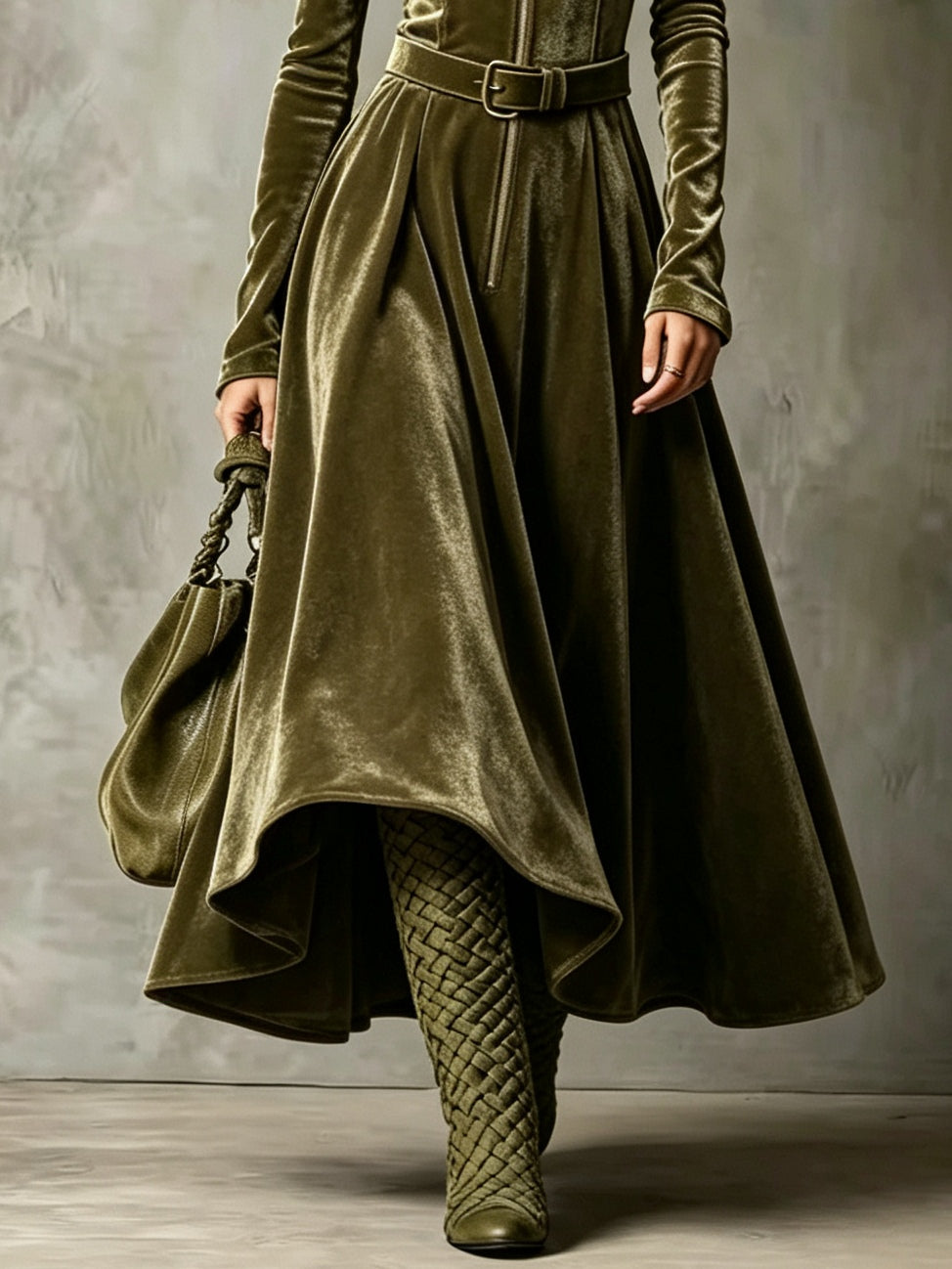 Vega | Vestito lungo in velluto verde oliva con zip frontale in stile vintage (cintura inclusa)