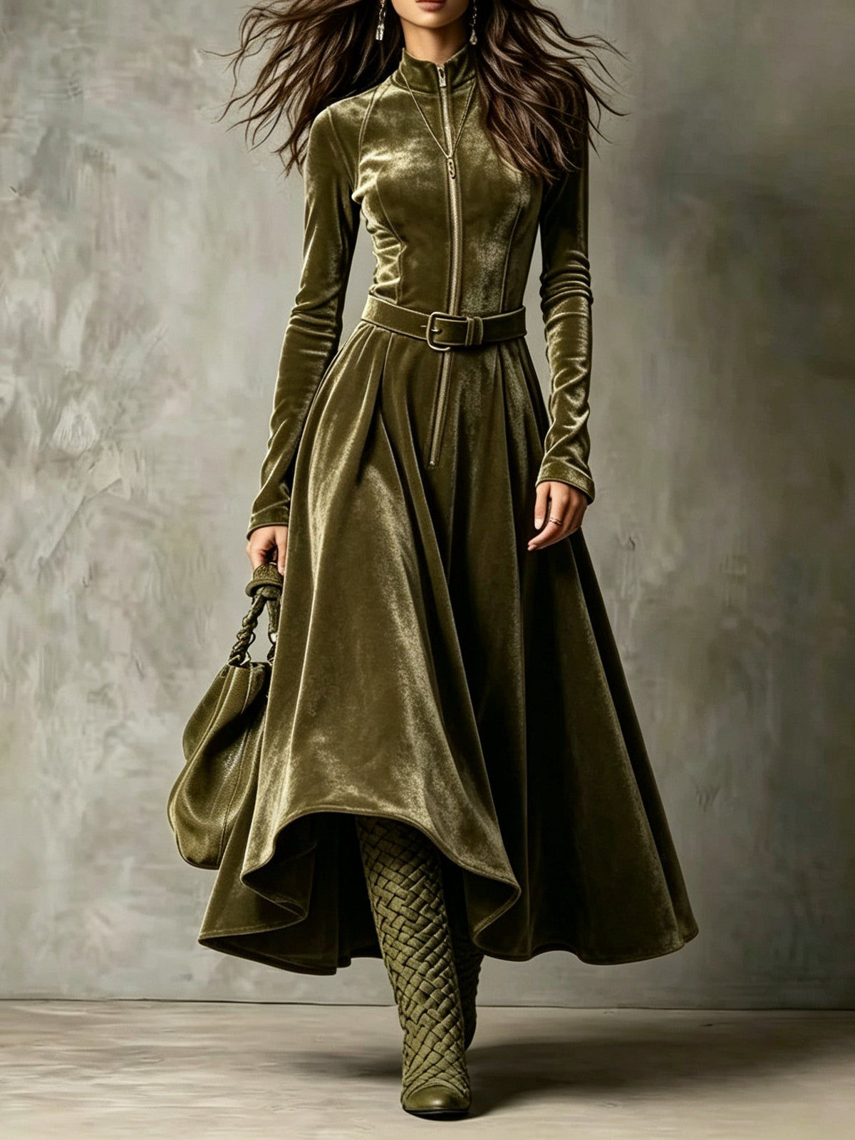 Vega | Vestito lungo in velluto verde oliva con zip frontale in stile vintage (cintura inclusa)