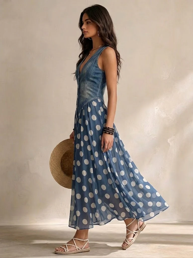 Adeline | Vestito Lungo in Denim a Pois